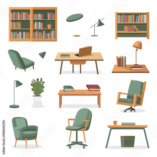 Furniture and interior elements set. Office furniture vector illustration. 