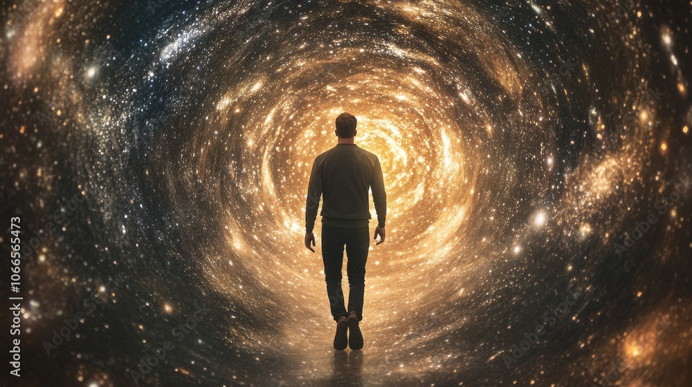 Journey of Spiritual Discovery: Middle-Aged Man Walking in Cosmic Star Tunnel of Infinite Universe Journey of Spiritual Discovery: Middle-Aged Man Walking in Cosmic Star Tunnel of Infinite Universe