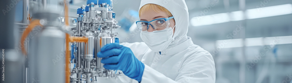 A scientist in protective gear operates laboratory equipment in a cleanroom, emphasizing safety and precision in research. A scientist in protective gear operates laboratory equipment in a cleanroom, emphasizing safety and precision in research.