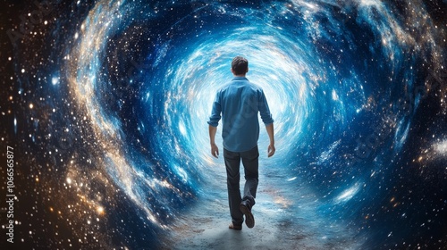 Journey of Spiritual Discovery - Middle-aged Man with Olive Skin Walking Through Cosmic Tunnel of Stars in Infinite Universe