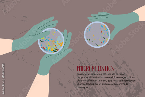 Microplastic pollution. Petri dish with microplastics. Scientist's hand in glove holding plate with plastic. Water or soil waste. Laboratory test, chemical analysis. Vector flat cartoon illustration