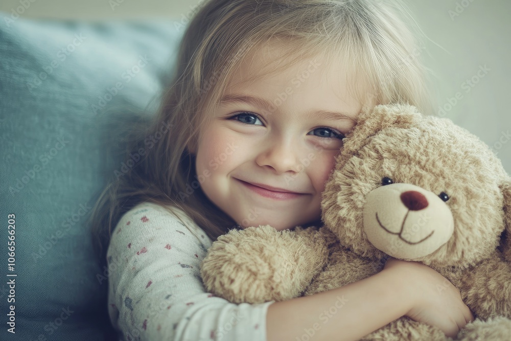 Smiling child hugging teddy bear at home Smiling child hugging teddy bear at home