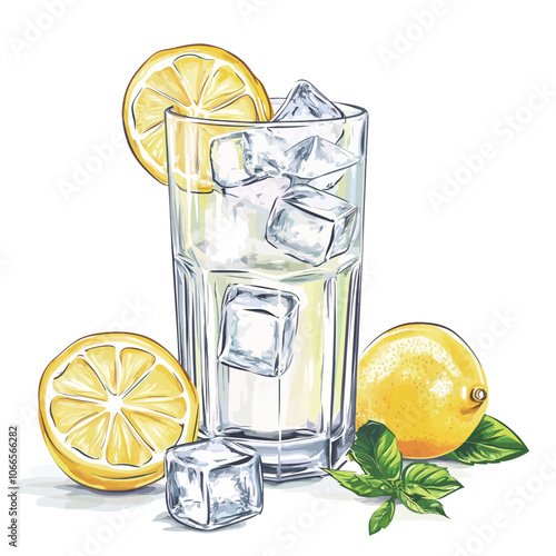 Glass of lemonade with ice cubes and lemon slice. Vector illustration 