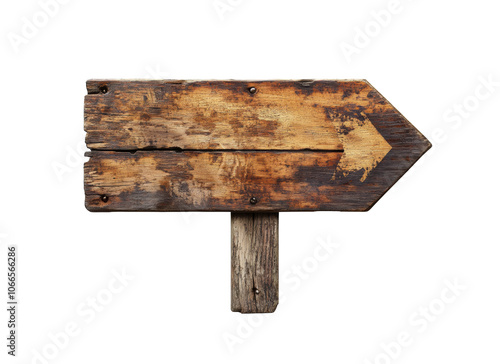 Rustic wooden direction arrow sign with distressed texture isolated on transparent background. Vintage wood signpost for navigation, hiking trails, and wayfinding. photo