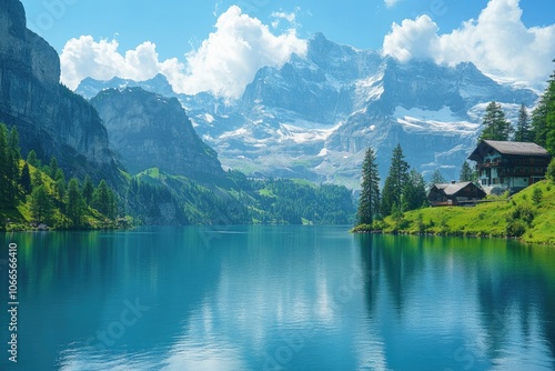 Stunning seealpsee lake reflecting snow-capped mountains and green hills in switzerland photo