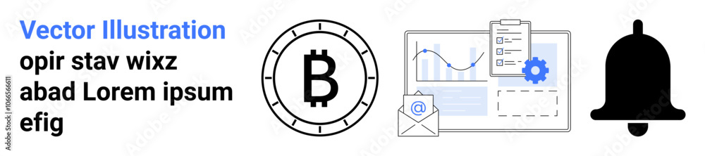Bitcoin symbol, email, graph with gear icon, and notification bell. Suggests digital currency, communication, analytics, settings, notifications. Ideal for fintech, cryptocurrency email service Bitcoin symbol, email, graph with gear icon, and notification bell. Suggests digital currency, communication, analytics, settings, notifications. Ideal for fintech, cryptocurrency email service