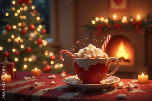 Cozy Christmas Hot Chocolate with Marshmallows and Candy Canes by Fireplace photo