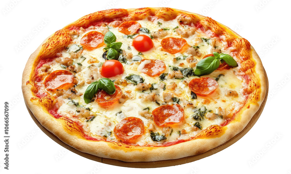 very delicious pizza with full toppings and melted cheese. transparent background very delicious pizza with full toppings and melted cheese. transparent background