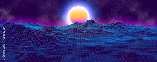 Futuristic landscape with mountains and sunset. 80s retro neon concept. Vector illustration.