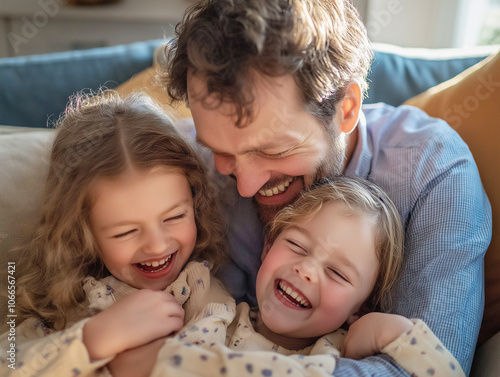 A father and two daughters cuddling on a cozy couch, sharing a warm and affectionate family moment. Their joyful smiles reflect a loving bond and family togetherness.