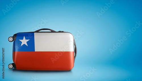 チリの国旗のスーツケース。(Chile flag on a stylish suitcase and copy space.) 