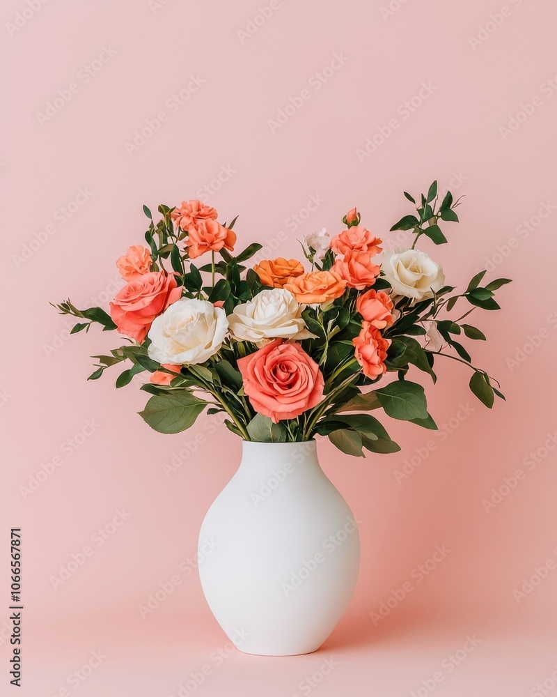 Elegant bouquet of colorful flowers in a white vase against a soft pink background. Elegant bouquet of colorful flowers in a white vase against a soft pink background.