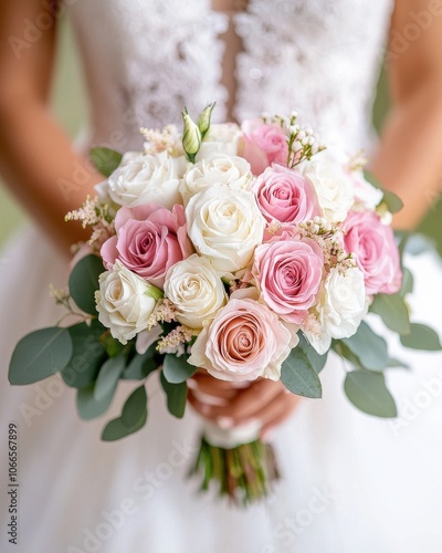 Elegant bouquet of pink and white roses held by a bride in a beautiful wedding dress.