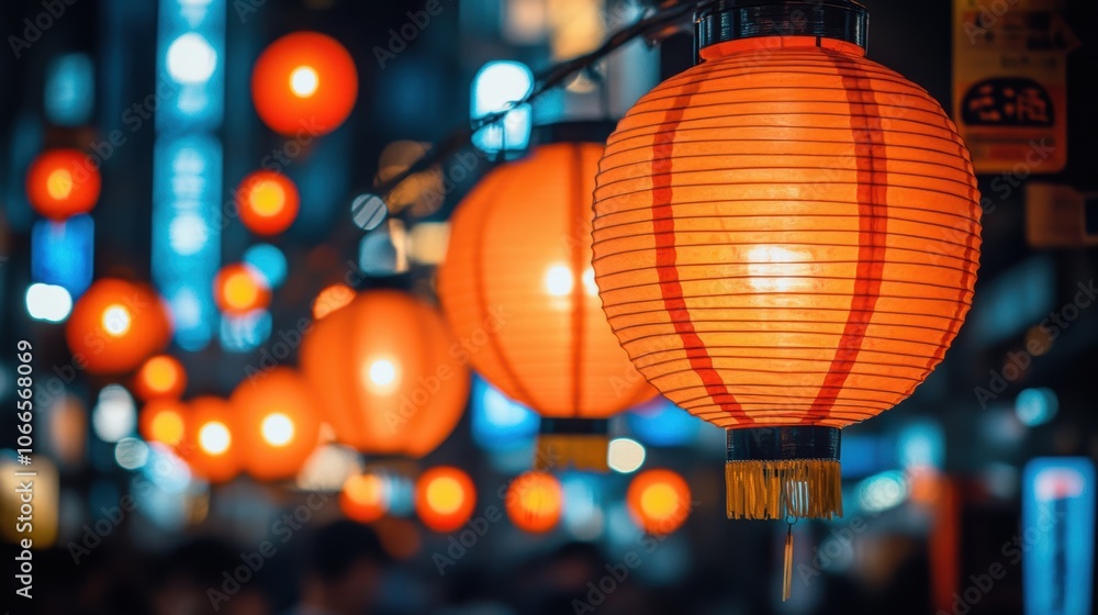 Obraz premium A bustling street filled with Chinese New Year decorations, red lanterns hanging above, people dressed in traditional attire, and joyous celebrations all around