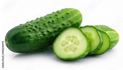 Fresh, sweet, small cucumbers and cucumber longitudinal section isolated on white background 