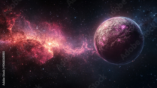 A distant planet surrounded by colorful nebula in the vastness of space at night