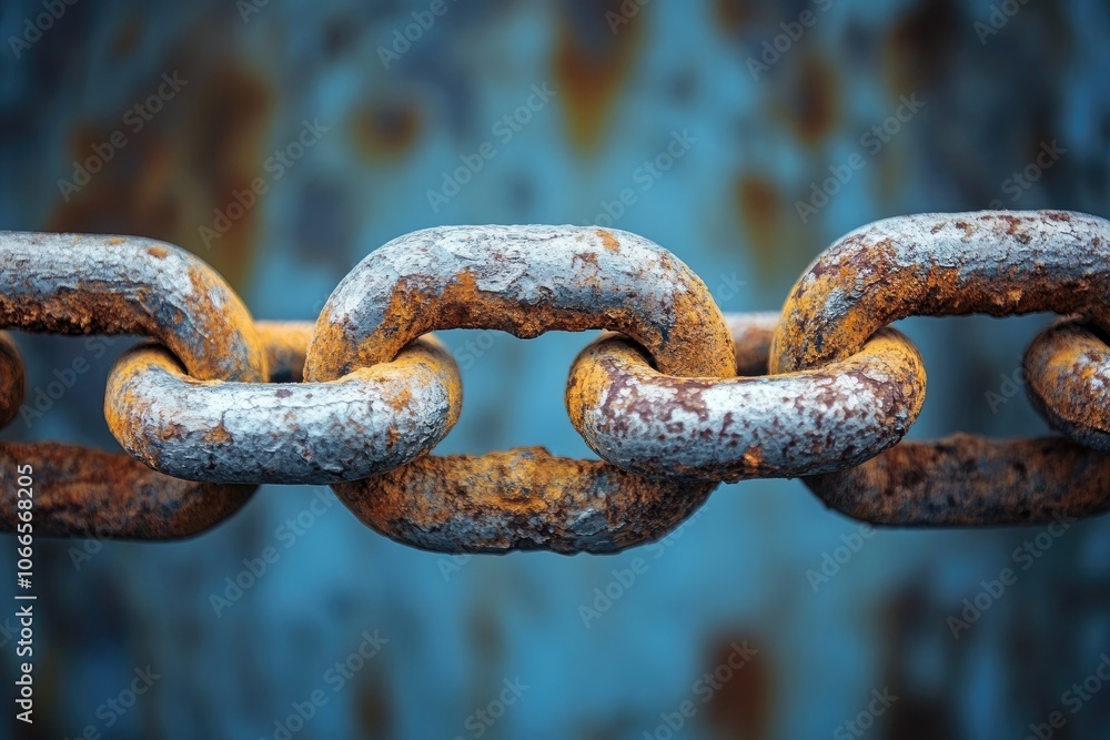 Rusty chain links showing corrosion and decay on blurred background Rusty chain links showing corrosion and decay on blurred background