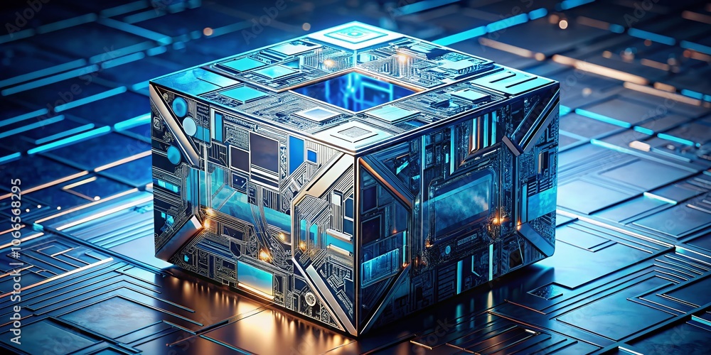 Abstract Futuristic Technology Cube in Drone Photography - Modern Digital Art, 3D Shapes, High-Tech Design, Aerial View, Geometric Patterns, Blue and Silver Color Palette, Innovation Concept Abstract Futuristic Technology Cube in Drone Photography - Modern Digital Art, 3D Shapes, High-Tech Design, Aerial View, Geometric Patterns, Blue and Silver Color Palette, Innovation Concept