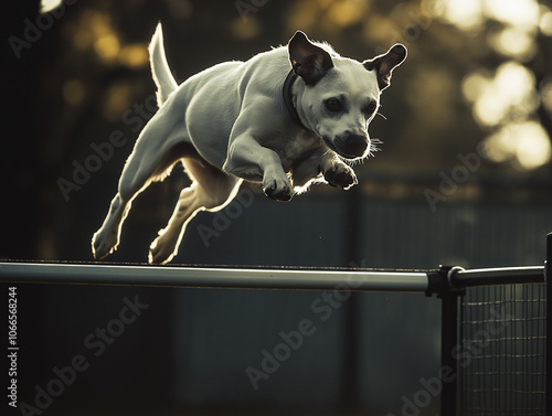 An energetic dog mid-jump over an obstacle in an outdoor agility course, showcasing its athleticism and enthusiasm. Ideal for pet agility themes. photo