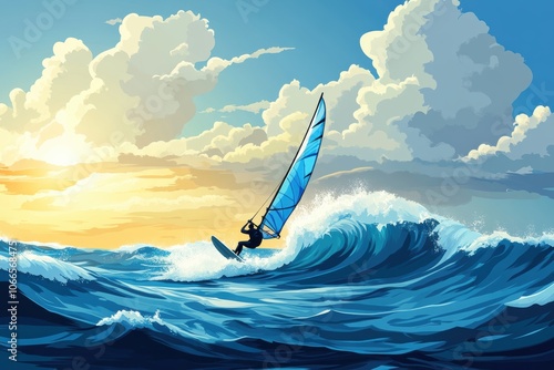A windsurfer catching a big wave in the ocean, their sail billowing in the wind,