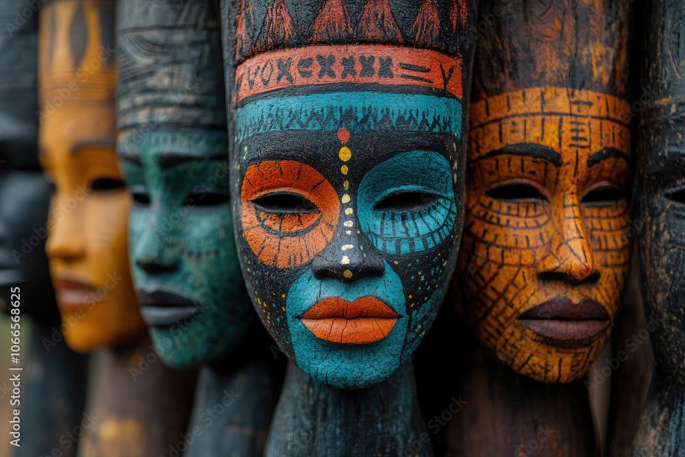 Fototapeta premium Colorful african masks representing tribal culture and heritage
