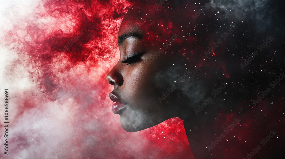 A young woman gazes thoughtfully as colorful galaxies swirl around her in a cosmic dreamscape A young woman gazes thoughtfully as colorful galaxies swirl around her in a cosmic dreamscape