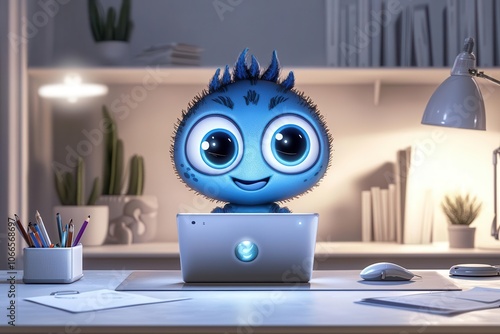 A cute animated character with big eyes and spiky hair, happily using a laptop in a cozy, well-lit workspace at night. photo