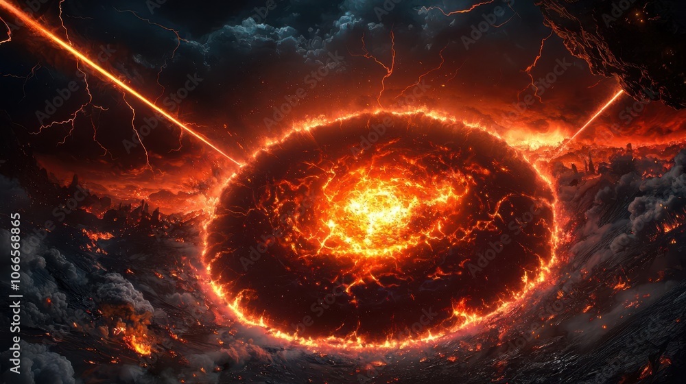 A dramatic depiction of an apocalyptic volcanic eruption, showcasing fiery lava, ominous clouds, and striking light beams. A dramatic depiction of an apocalyptic volcanic eruption, showcasing fiery lava, ominous clouds, and striking light beams.