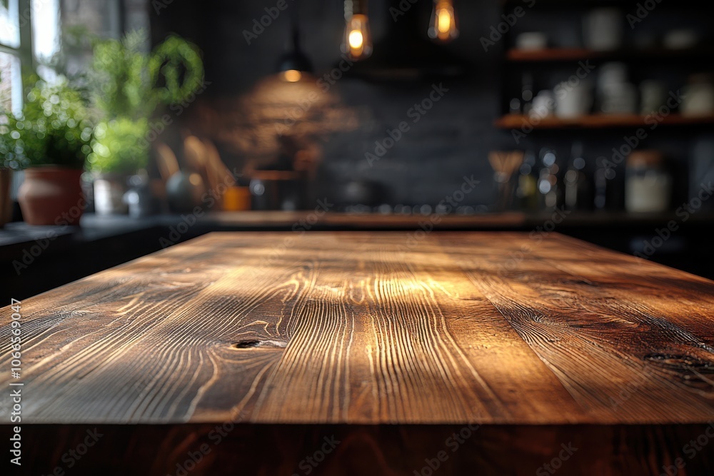 Dark kitchen with wooden table and soft lighting on fuzzy kitchen background.