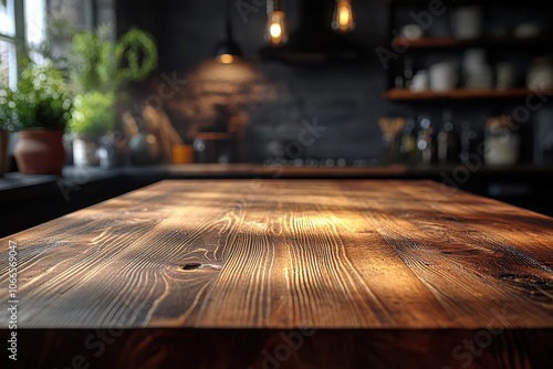 Obraz na płótnie Dark kitchen with wooden table and soft lighting on fuzzy kitchen background. w salonie