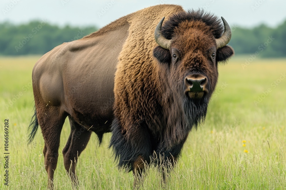 European bison standing in green meadow on cloudy day European bison standing in green meadow on cloudy day