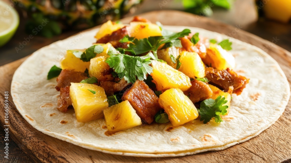 Delicious Pork and Pineapple Taco on Soft Tortilla Delicious Pork and Pineapple Taco on Soft Tortilla
