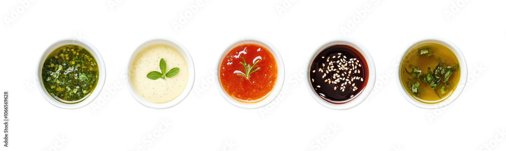 Variety of dipping sauces in white bowls, including pesto, aioli, and soy sauce with garnishes, isolated on transparent background for food and culinary presentation Variety of dipping sauces in white bowls, including pesto, aioli, and soy sauce with garnishes, isolated on transparent background for food and culinary presentation