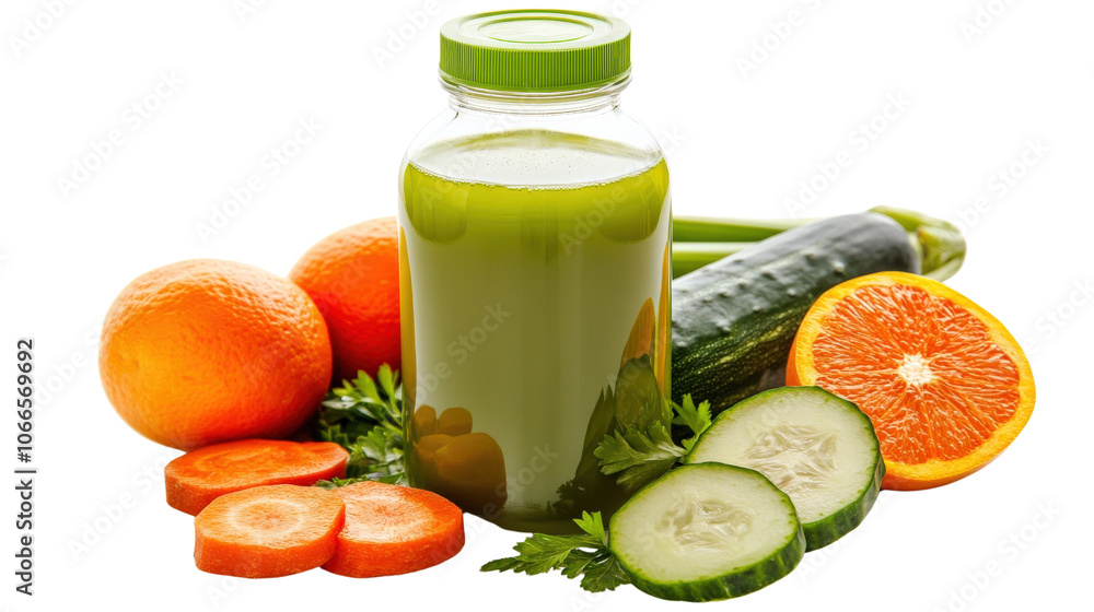 Fresh green juice made from cucumbers, carrots, and oranges, surrounded by fresh vegetables and fruits, showcasing vibrant colors and healthy ingredients Fresh green juice made from cucumbers, carrots, and oranges, surrounded by fresh vegetables and fruits, showcasing vibrant colors and healthy ingredients