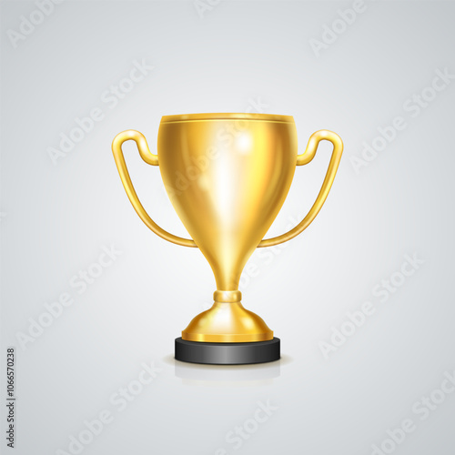 Winner gold cup on light background. Metallic trophy cup. Vector illustration.