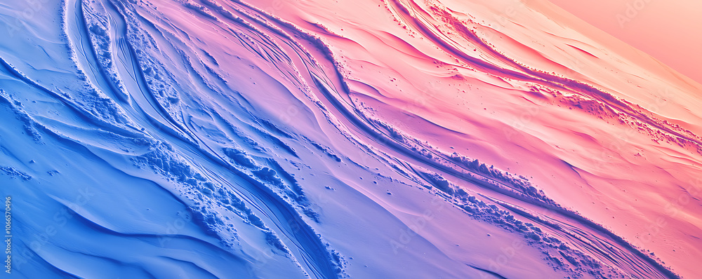A snow-covered, abstract landscape with distinct off-piste ski tracks winding through the soft powder, set against a serene, gently glowing sky that bathes the snow in warm light. A snow-covered, abstract landscape with distinct off-piste ski tracks winding through the soft powder, set against a serene, gently glowing sky that bathes the snow in warm light.