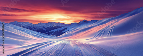 A snow-covered, abstract landscape with distinct off-piste ski tracks winding through the soft powder, set against a serene, gently glowing sky that bathes the snow in warm light.