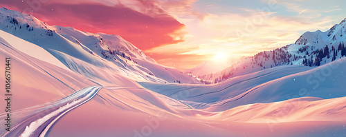 A snow-covered, abstract landscape with distinct off-piste ski tracks winding through the soft powder, set against a serene, gently glowing sky that bathes the snow in warm light.