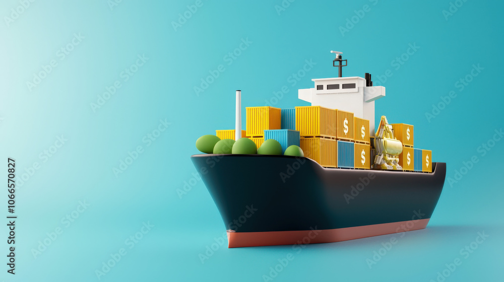 cargo ship loaded with containers featuring currency symbols, symbolizing trade and commerce. vibrant colors and design evoke sense of economic growth and opportunity cargo ship loaded with containers featuring currency symbols, symbolizing trade and commerce. vibrant colors and design evoke sense of economic growth and opportunity