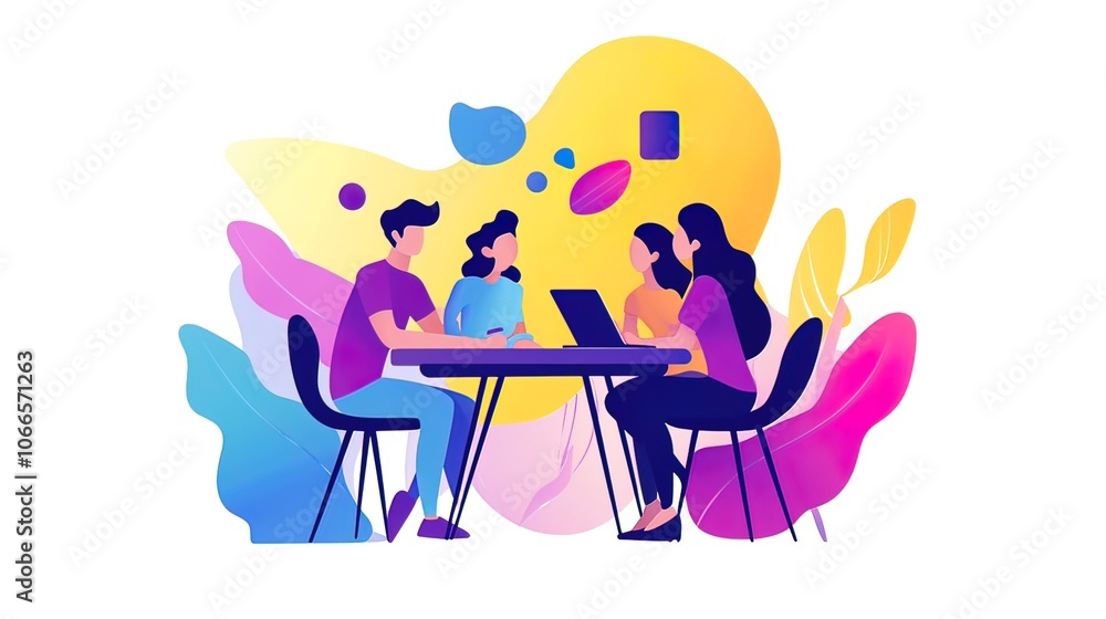 Four people are sitting around a table, two women and two men, discussing something. Four people are sitting around a table, two women and two men, discussing something.