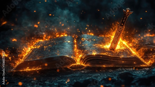 An open book with a glowing sword sticking out of it is engulfed in flames.