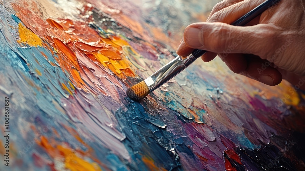 Close-up of a Hand Painting with a Brush on a Canvas with Vibrant Colors Close-up of a Hand Painting with a Brush on a Canvas with Vibrant Colors