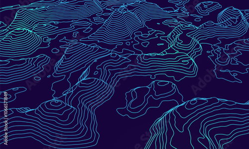 3D topographic map. Geographic contour map background with elevation lines. Detailed terrain visualization concept. Vector illustration of landscape elevations and natural relief.