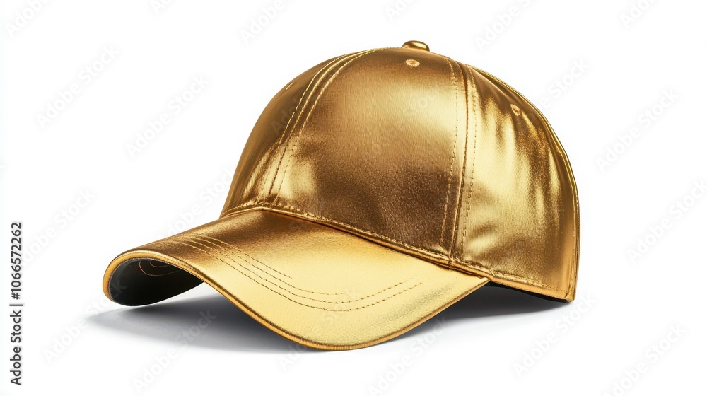 A gold-colored baseball cap mockup isolated on a clean white background. A gold-colored baseball cap mockup isolated on a clean white background.