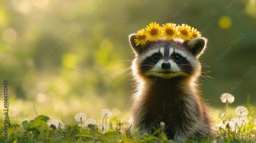 small raccoon wearing a flower crown made of dandelions, sitting on green grass in bright sunlight small raccoon wearing a flower crown made of dandelions, sitting on green grass in bright sunlight