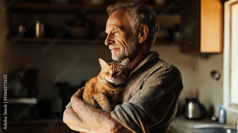 Elderly man with a rugged appearance, standing in his rustic kitchen, holding a cat close to his chest, soft natural light Elderly man with a rugged appearance, standing in his rustic kitchen, holding a cat close to his chest, soft natural light
