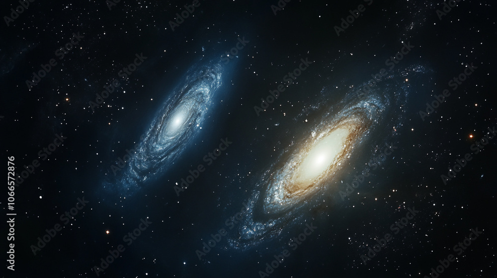 Vast galaxies in the cosmos displaying spiraled arms with bright centers illuminated by stars Vast galaxies in the cosmos displaying spiraled arms with bright centers illuminated by stars