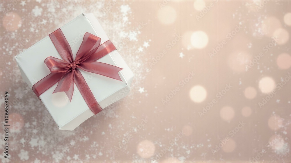 White Gift Box With Red Satin Ribbon On Pink Snowflake-Patterned Background With Bokeh White Gift Box With Red Satin Ribbon On Pink Snowflake-Patterned Background With Bokeh