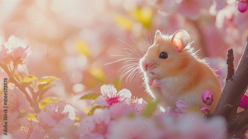 small cute hamster exploring a lush garden with pink blossoms on the background in natural sunlight small cute hamster exploring a lush garden with pink blossoms on the background in natural sunlight