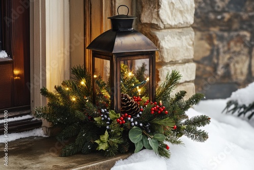 vintage tin lantern with festive greenery, red berries, pinecones, and twinkling lights on snowy cottage porch christmas decoration